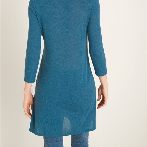 Chico Teal Blue Tunic Slits at Hips 3/4 Sleeve High Neck Long Light Sweater - Picture 2 of 11